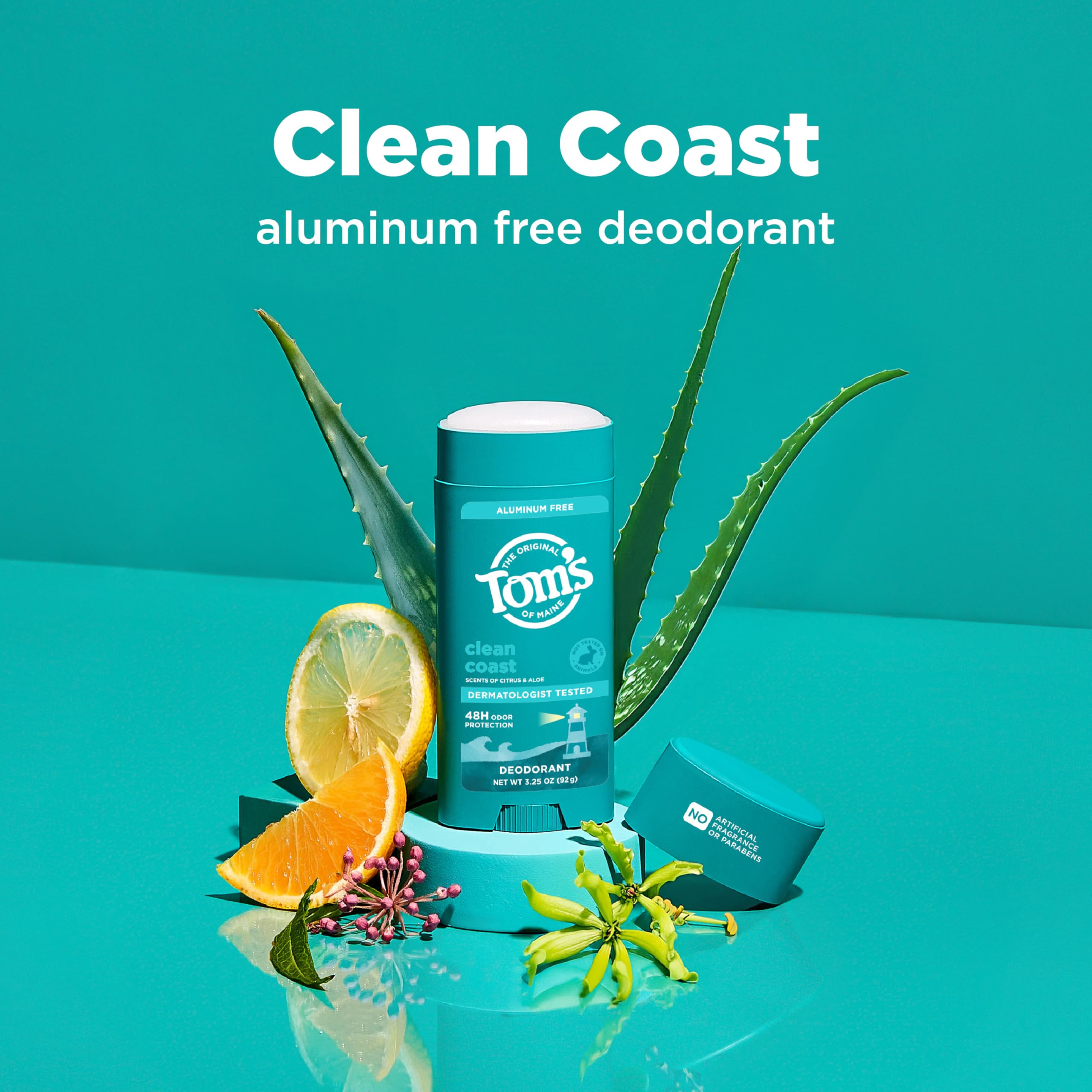 Tom’s of Maine Clean Coast aluminum-free label shows 48-hour odor protection.