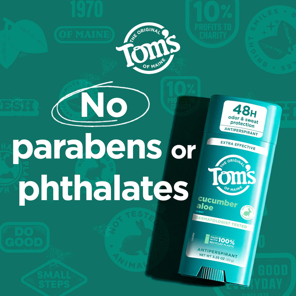 Label note highlighting no artificial fragrances in Tom's of Maine cucumber aloe antiperspirant.