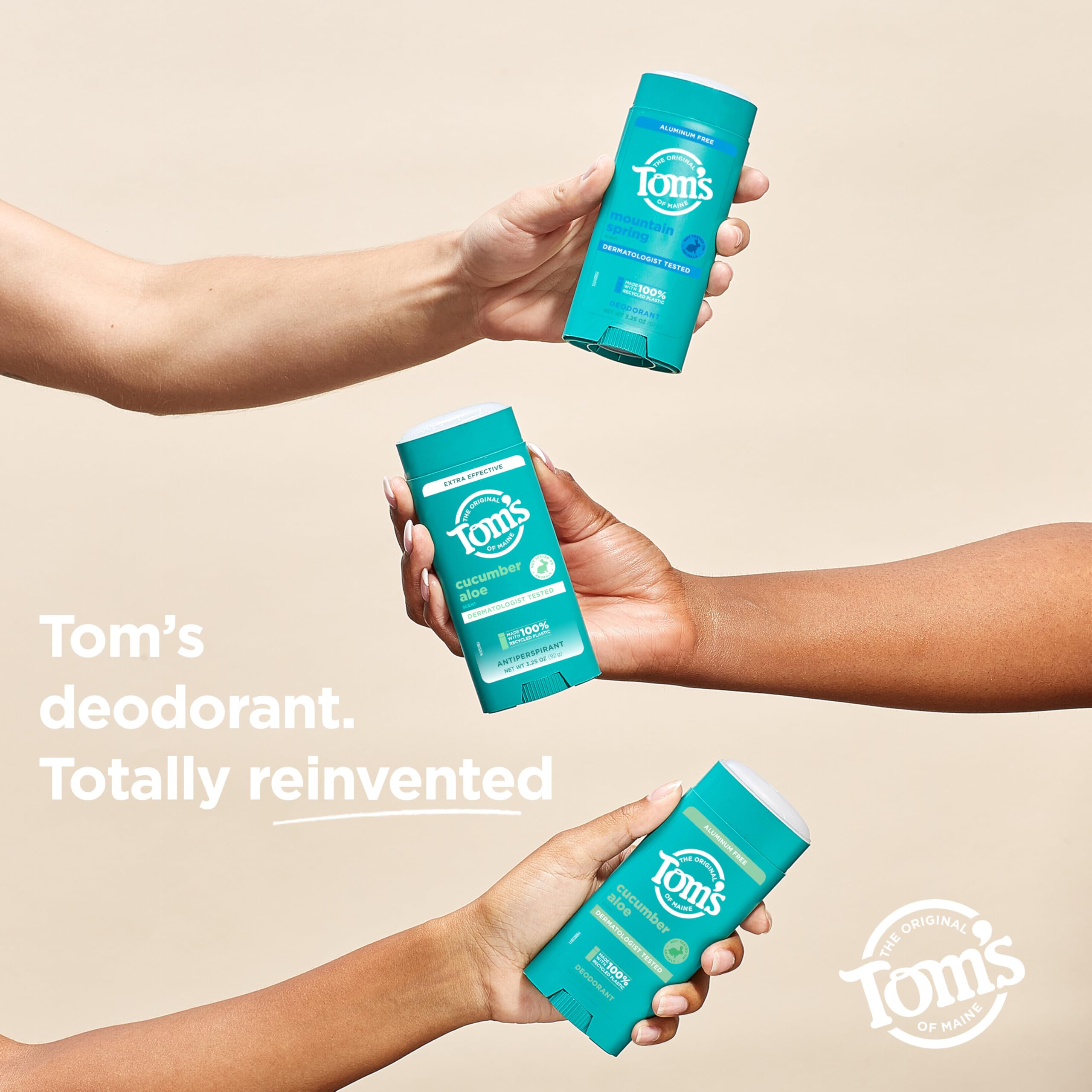 Dermatologist-tested label visible on Tom's of Maine cucumber aloe antiperspirant.
