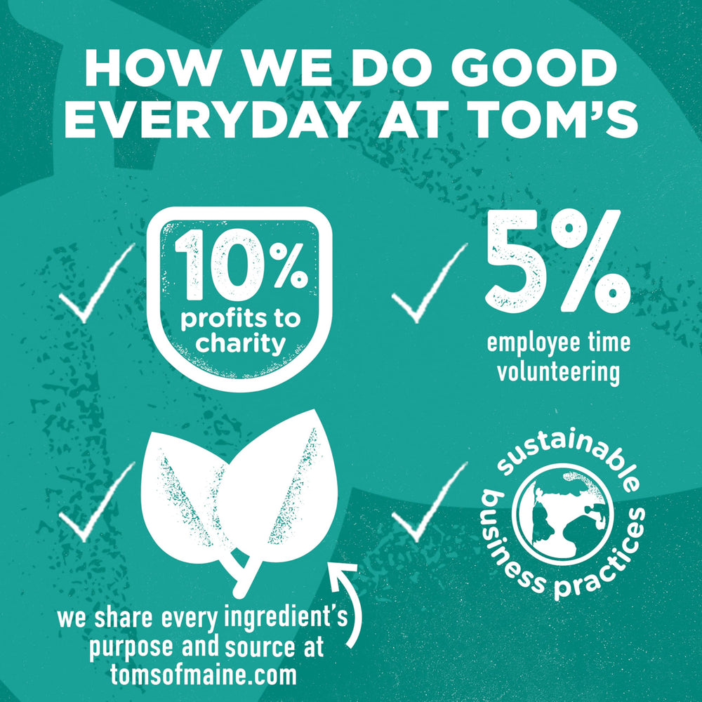 Tom's of Maine ingredients like calcium and silica listed on packaging.