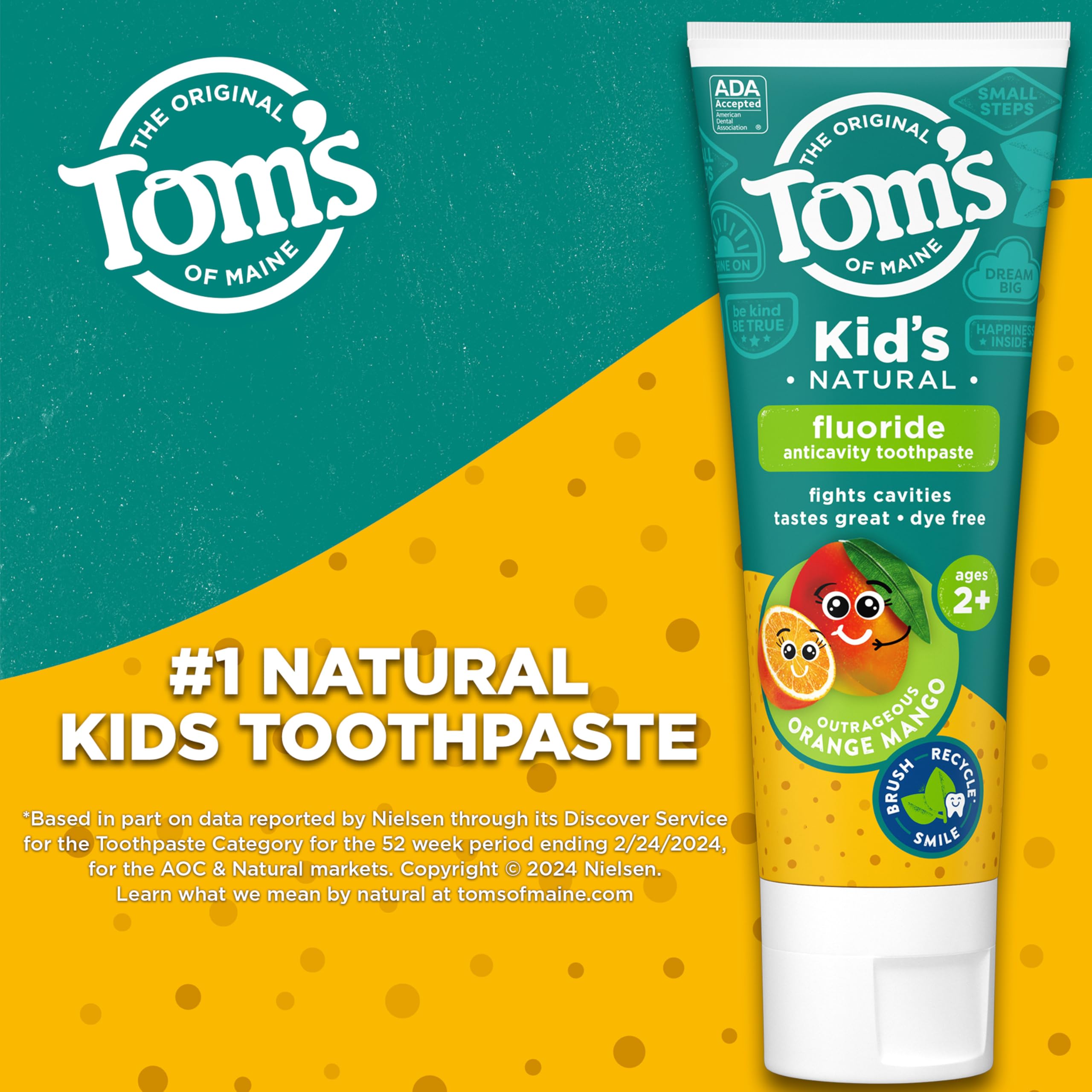 Tom's of Maine Kids toothpaste orange mango 3-pack display for family brushing.