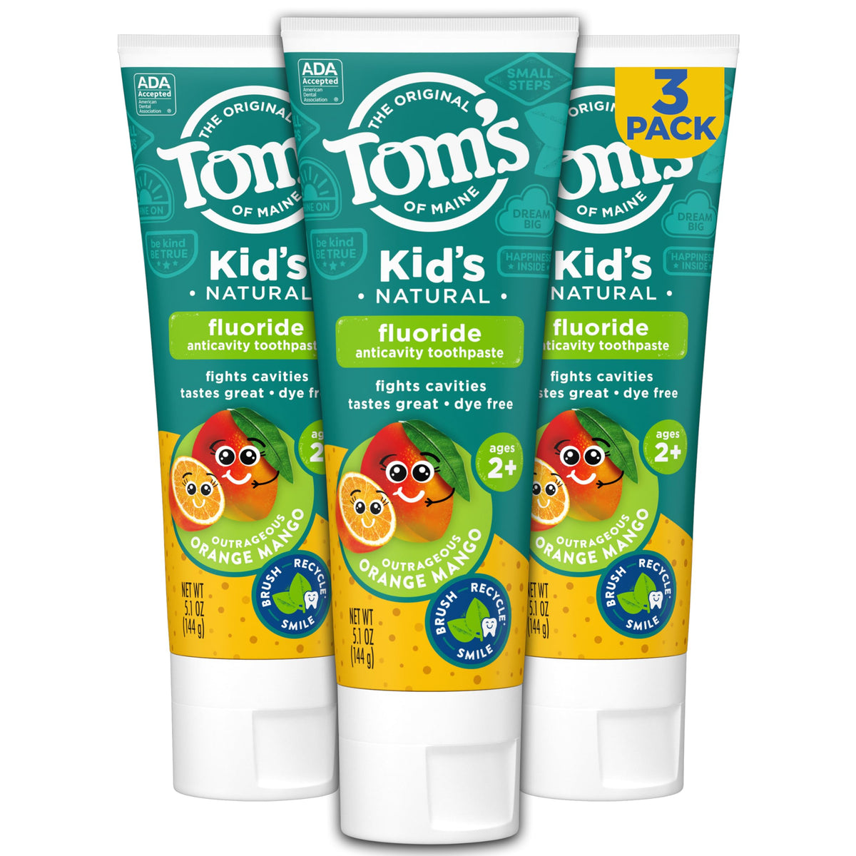 Tom's of Maine Kids toothpaste orange mango tube closeup for daily brushing with a natural flavor.