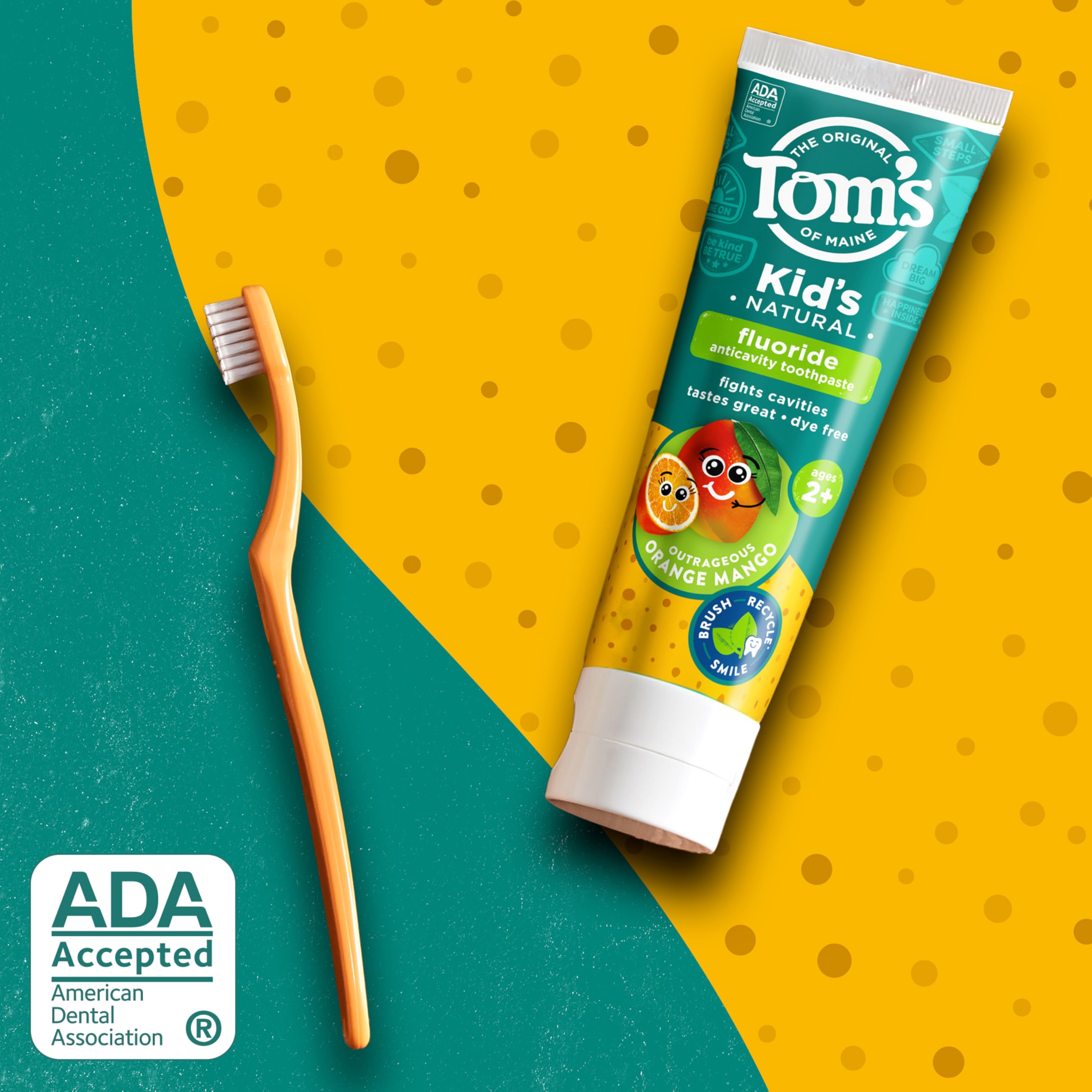 Tom's of Maine label detailing orange mango flavor and fluoride.