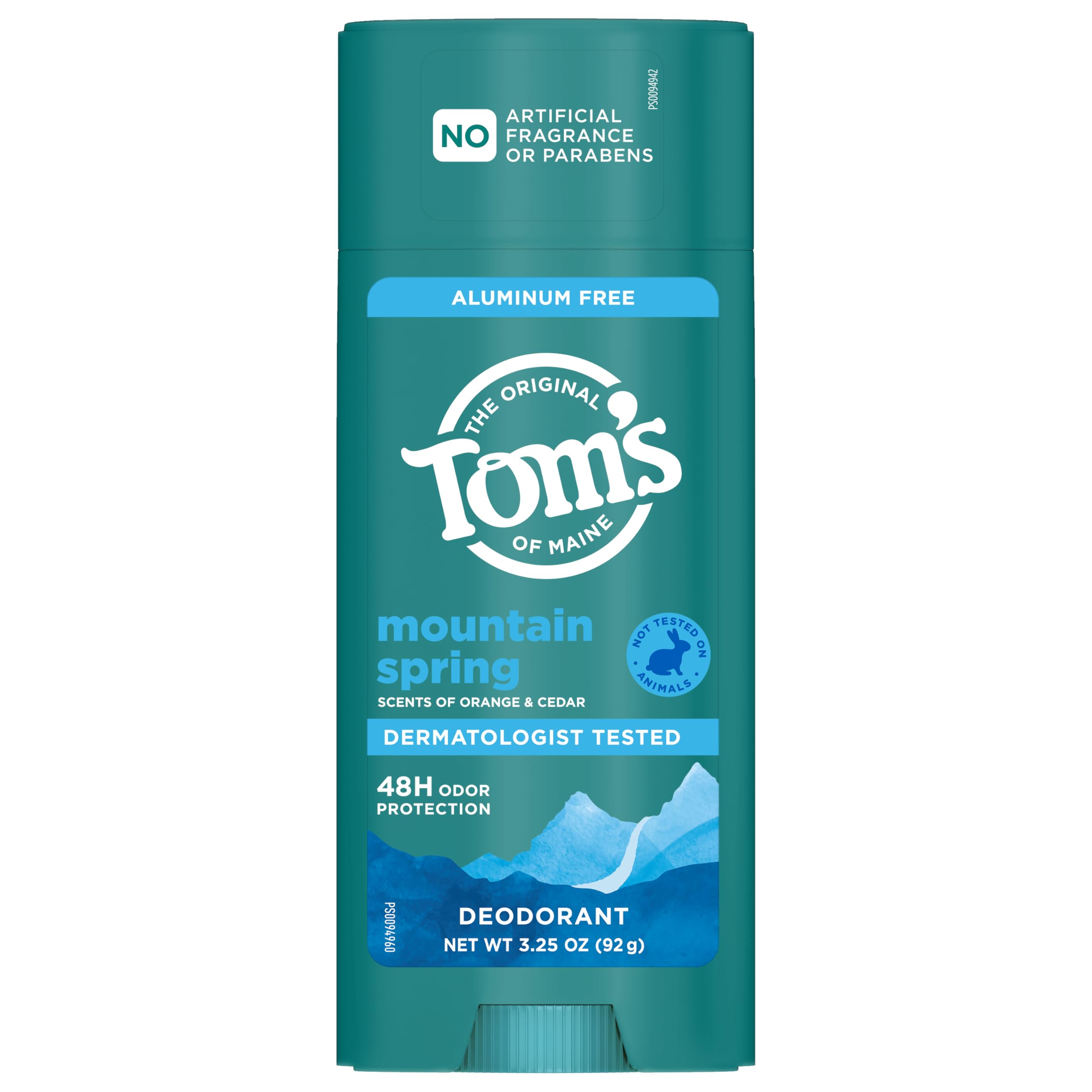 Underarm use with Tom's of Maine Mountain Spring deodorant; fresh and comfortable.