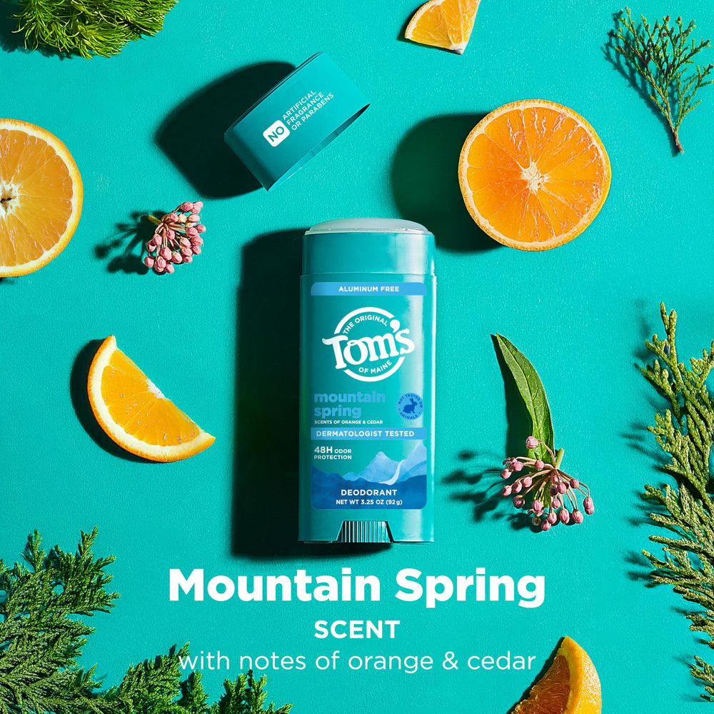 Eco-friendly packaging box for Tom's of Maine Mountain Spring deodorant.