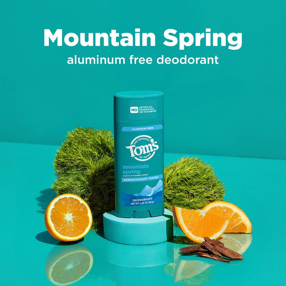 Tom's of Maine Mountain Spring deodorant stick side view highlighting smooth glide.