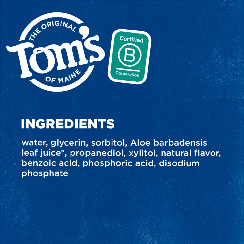 Tom's of Maine Whole Care mouthwash packaging shows a recyclable bottle
