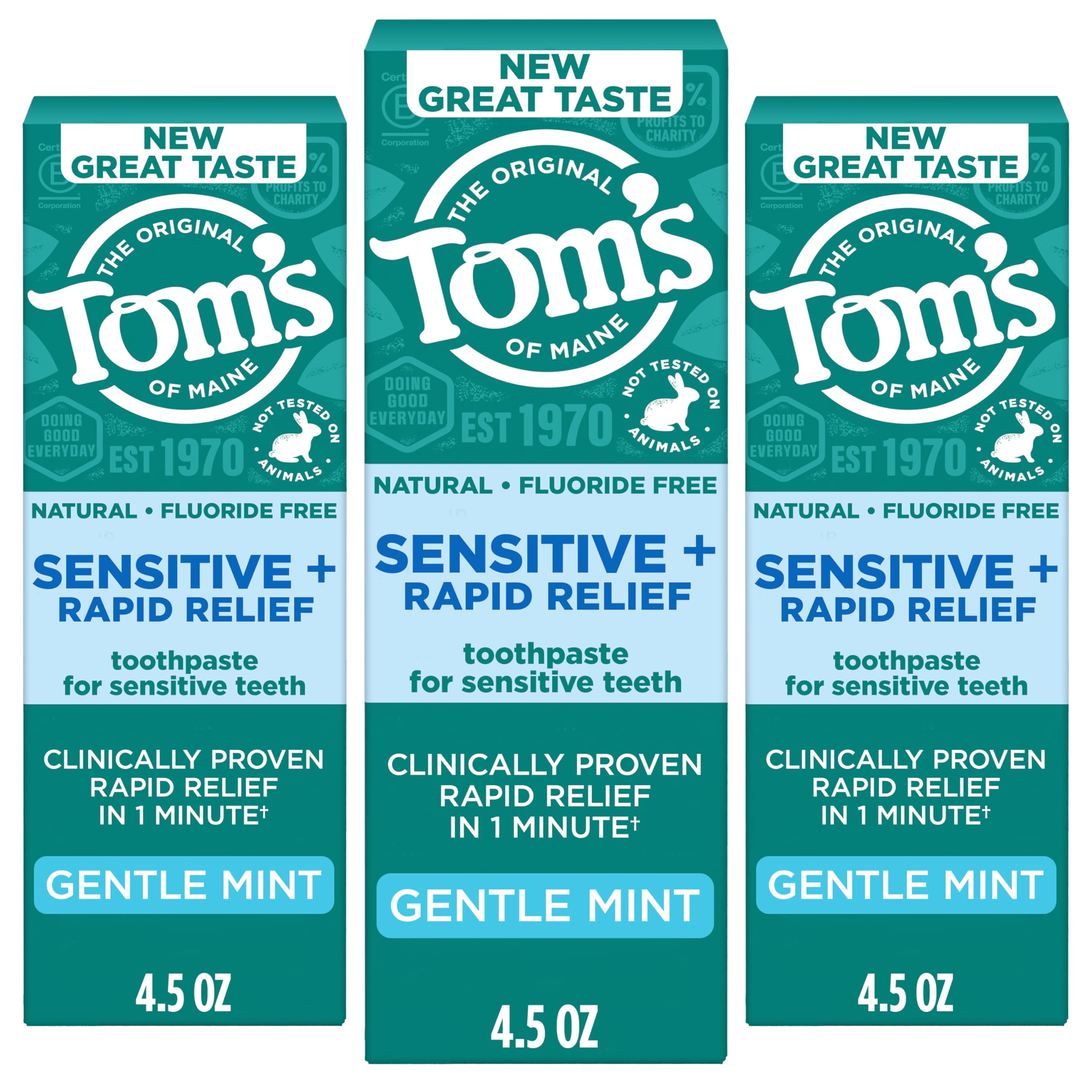 Tom’s of Maine Rapid Relief toothpaste tubes front with gentle mint design