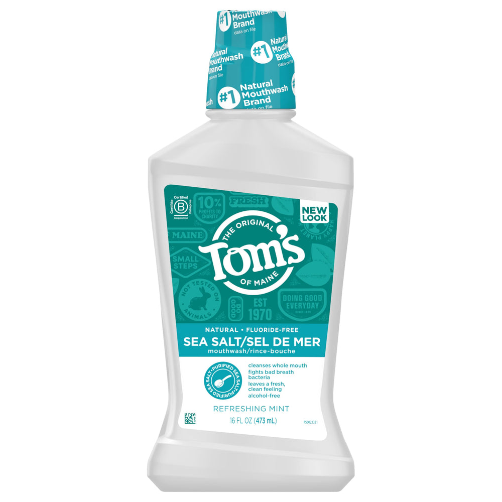 Tom's of Maine Sea Salt Mouthwash mint flavor close-up with freshness cue