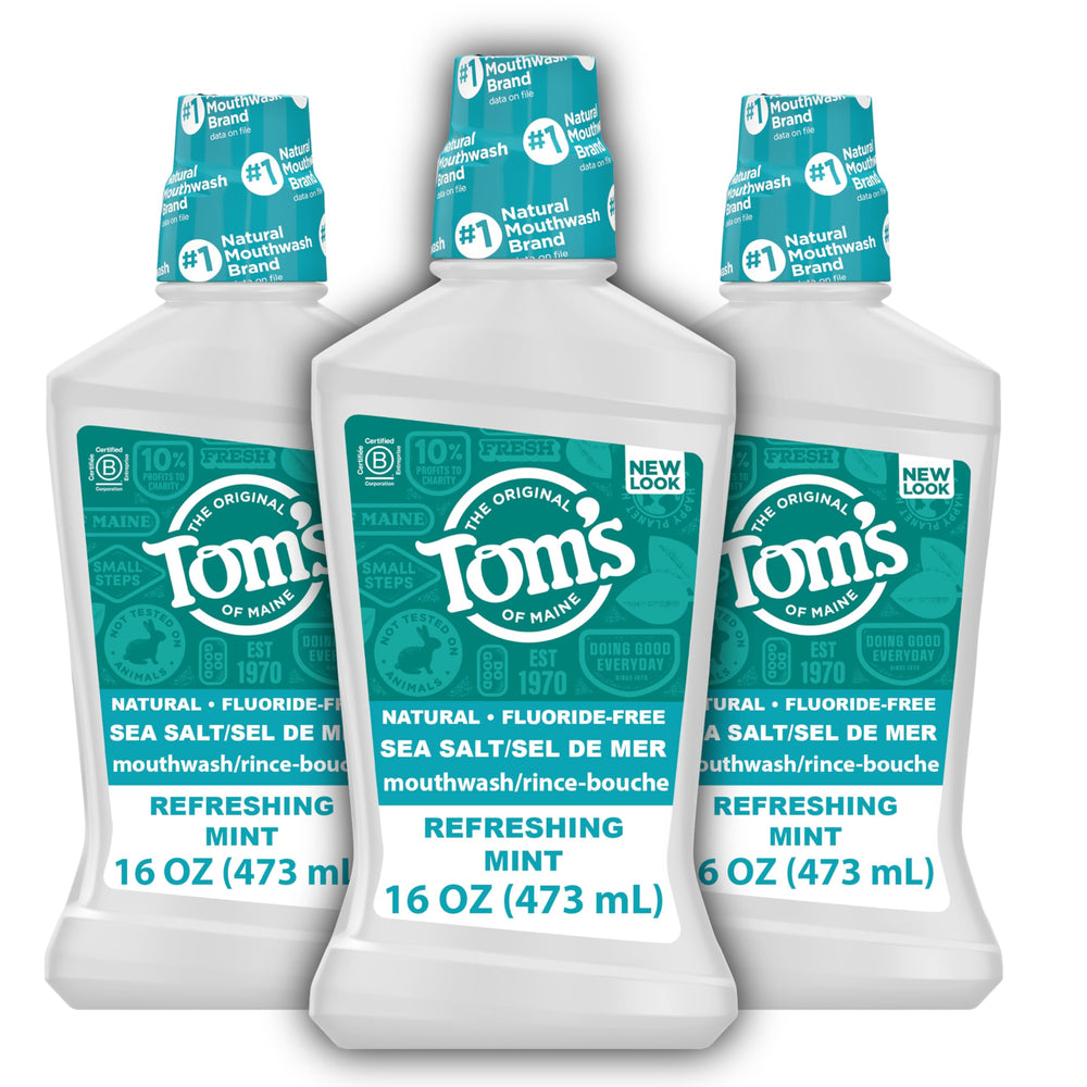 Tom's of Maine Sea Salt Mouthwash three-pack on display showing a fresh breath benefit
