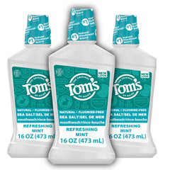 Tom's of Maine Sea Salt Mouthwash three-pack on display showing a fresh breath benefit
