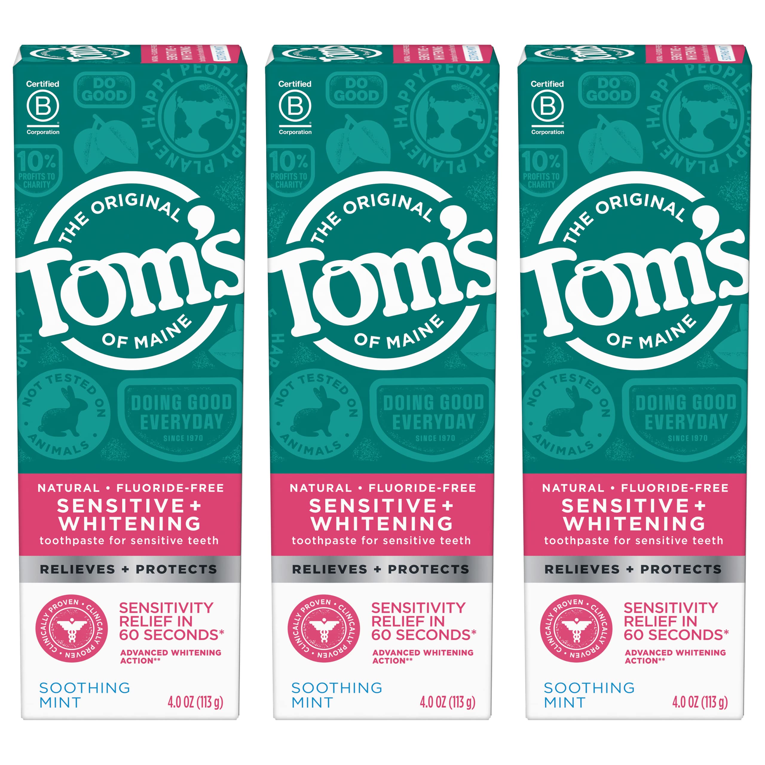 Tom's of Maine Sensitive + Whitening toothpaste soothing mint front view, gentle relief promise
