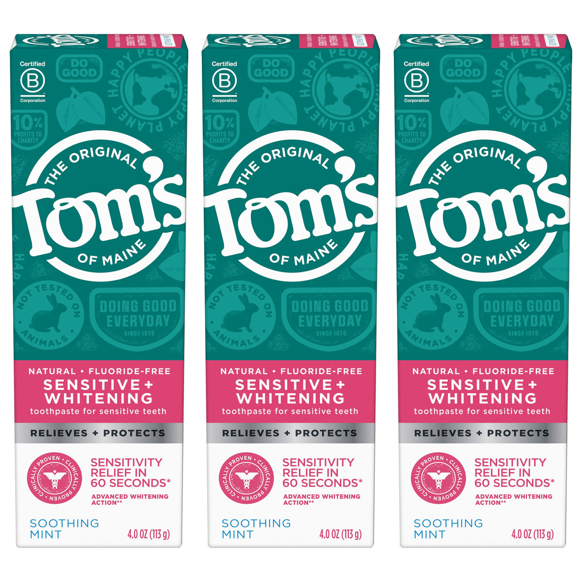 Tom's of Maine Sensitive + Whitening toothpaste soothing mint front view, gentle relief promise