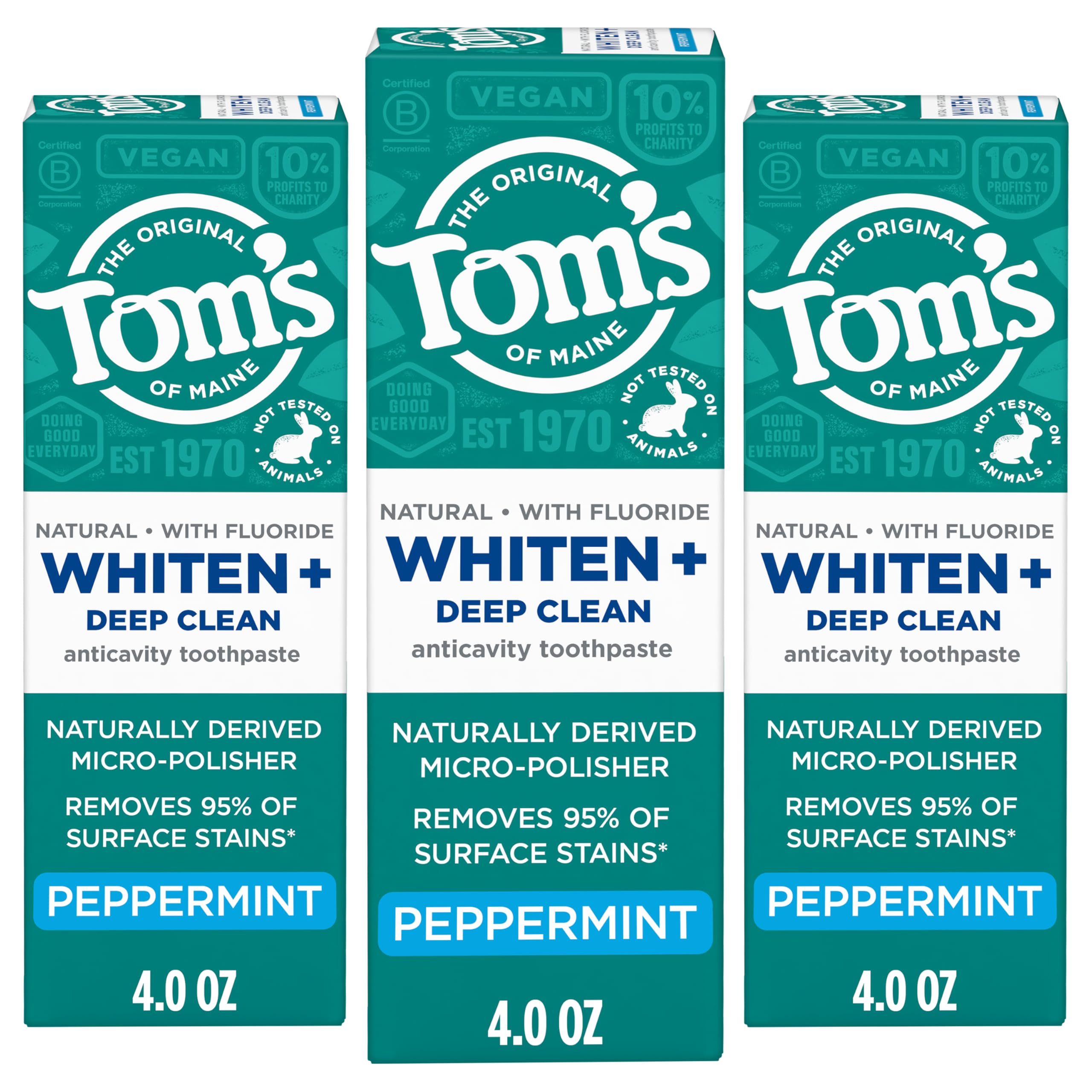 Tom's of Maine shelf display signals triple-pack value and daily brushing.