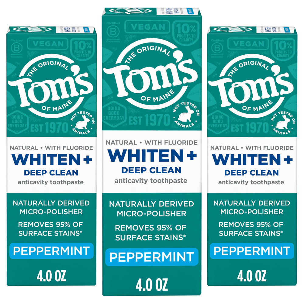 Tom's of Maine shelf display signals triple-pack value and daily brushing.