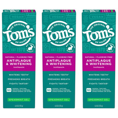 Tom's of Maine spearmint toothpaste gel tube close-up for fresh breath.