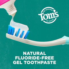 Tom's of Maine spearmint toothpaste gel close-up showing fluoride-free formula.