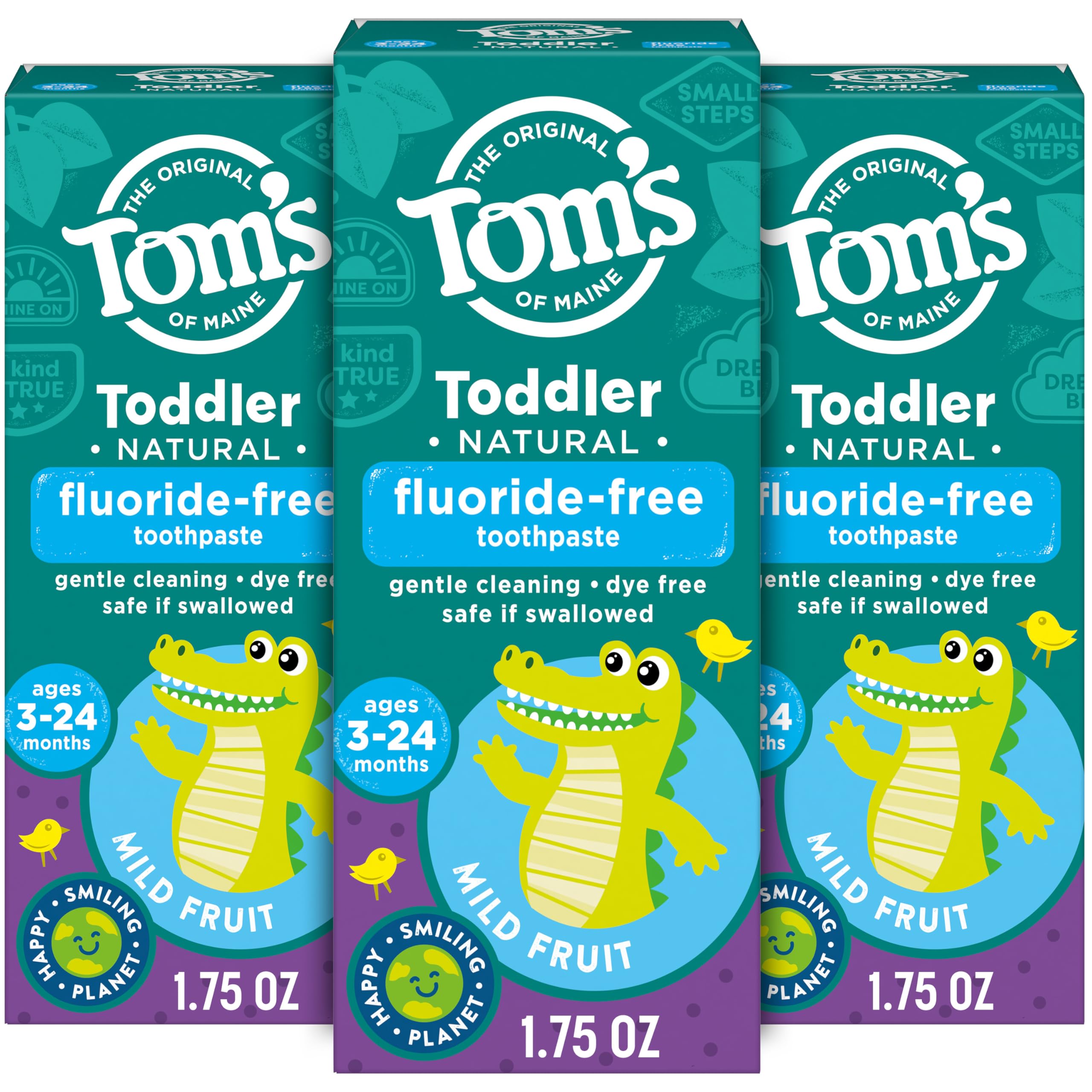 Tom's of Maine toddler toothpaste tube front view shows mild fruit flavor for gentle brushing