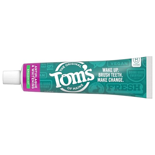 Tom's of Maine Spearmint toothpaste packaging highlighting premium ingredients.