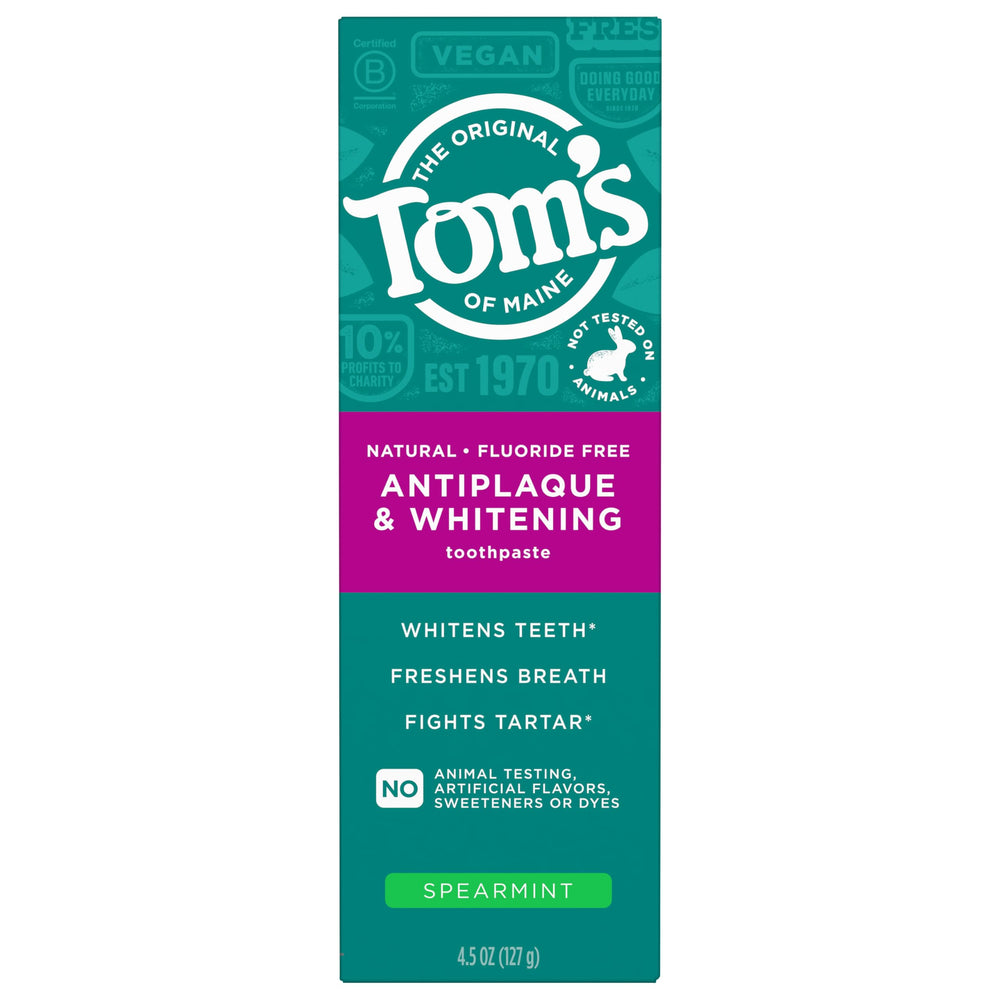 Tom's of Maine Spearmint toothpaste tube ready for daily brushing, fresh flavor.