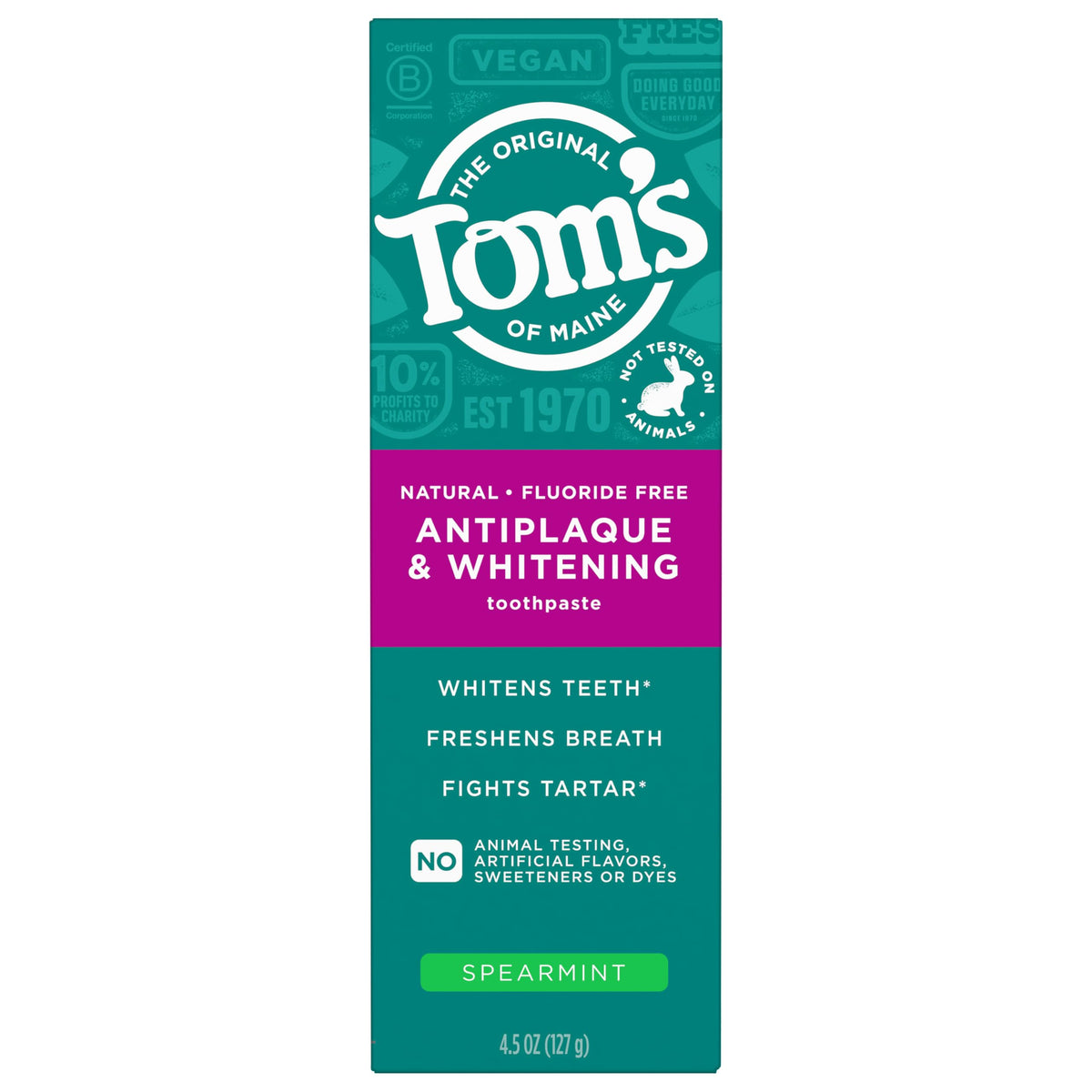 Tom's of Maine Spearmint toothpaste tube ready for daily brushing, fresh flavor.
