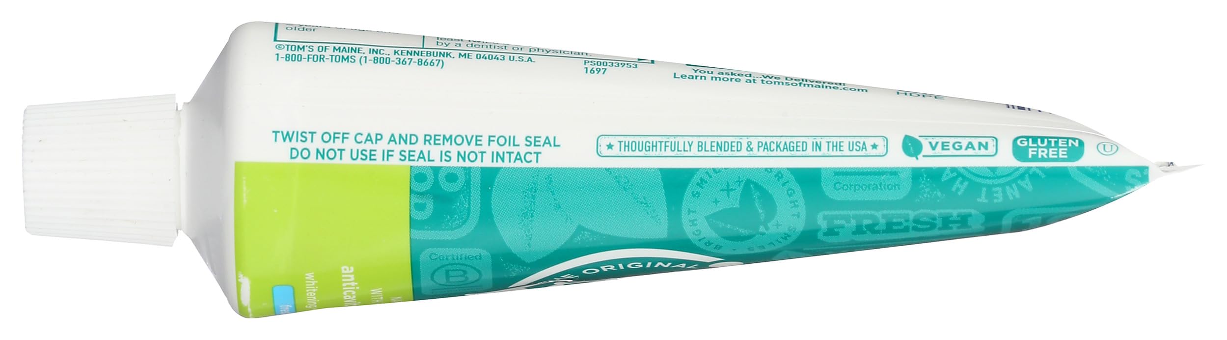On-the-go brushing scene with Tom's of Maine Fresh Mint toothpaste.