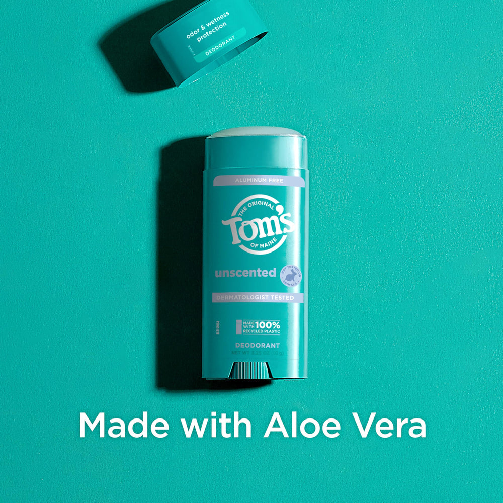 Bathroom routine scene suggests quick, confident daily application with unscented deodorant.