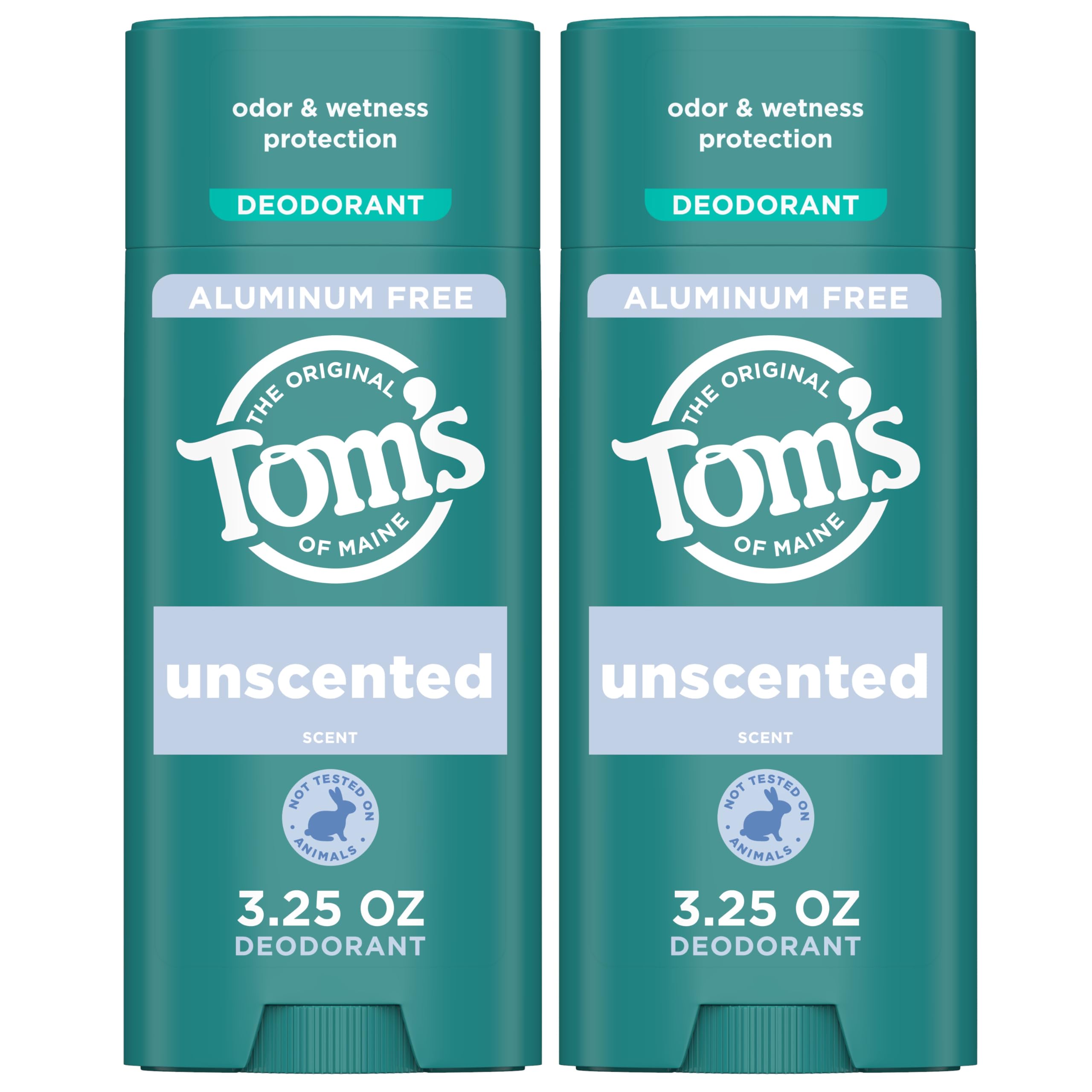 Tom's of Maine unscented deodorant bottle offers aluminum-free odor protection daily.