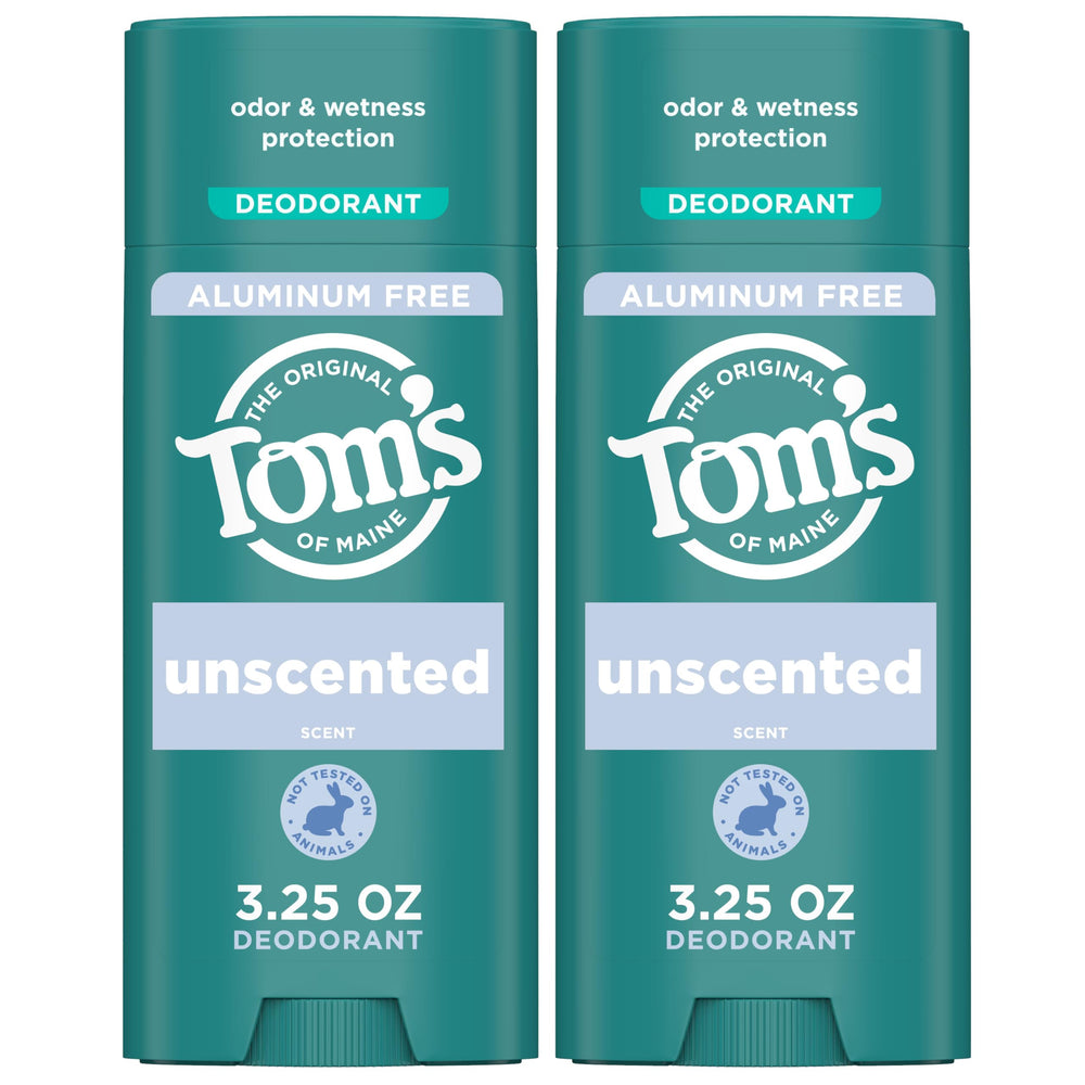 Tom's of Maine unscented deodorant bottle offers aluminum-free odor protection daily.