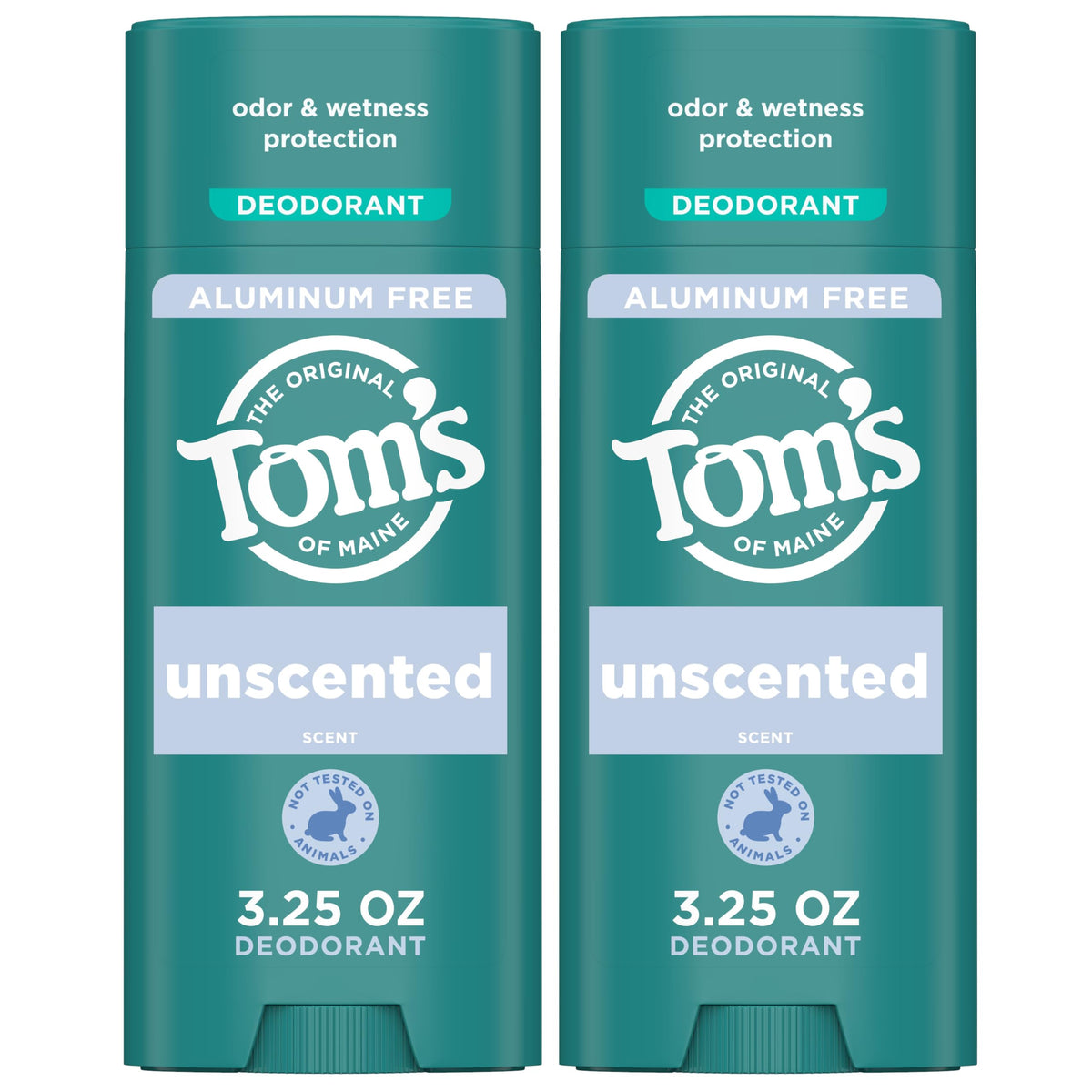 Tom's of Maine unscented deodorant bottle offers aluminum-free odor protection daily.
