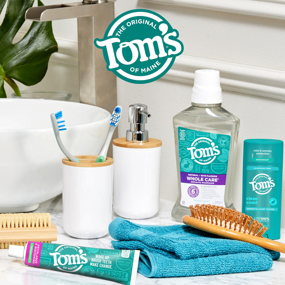 Tom's of Maine vegan logo on toothpaste gel packaging.