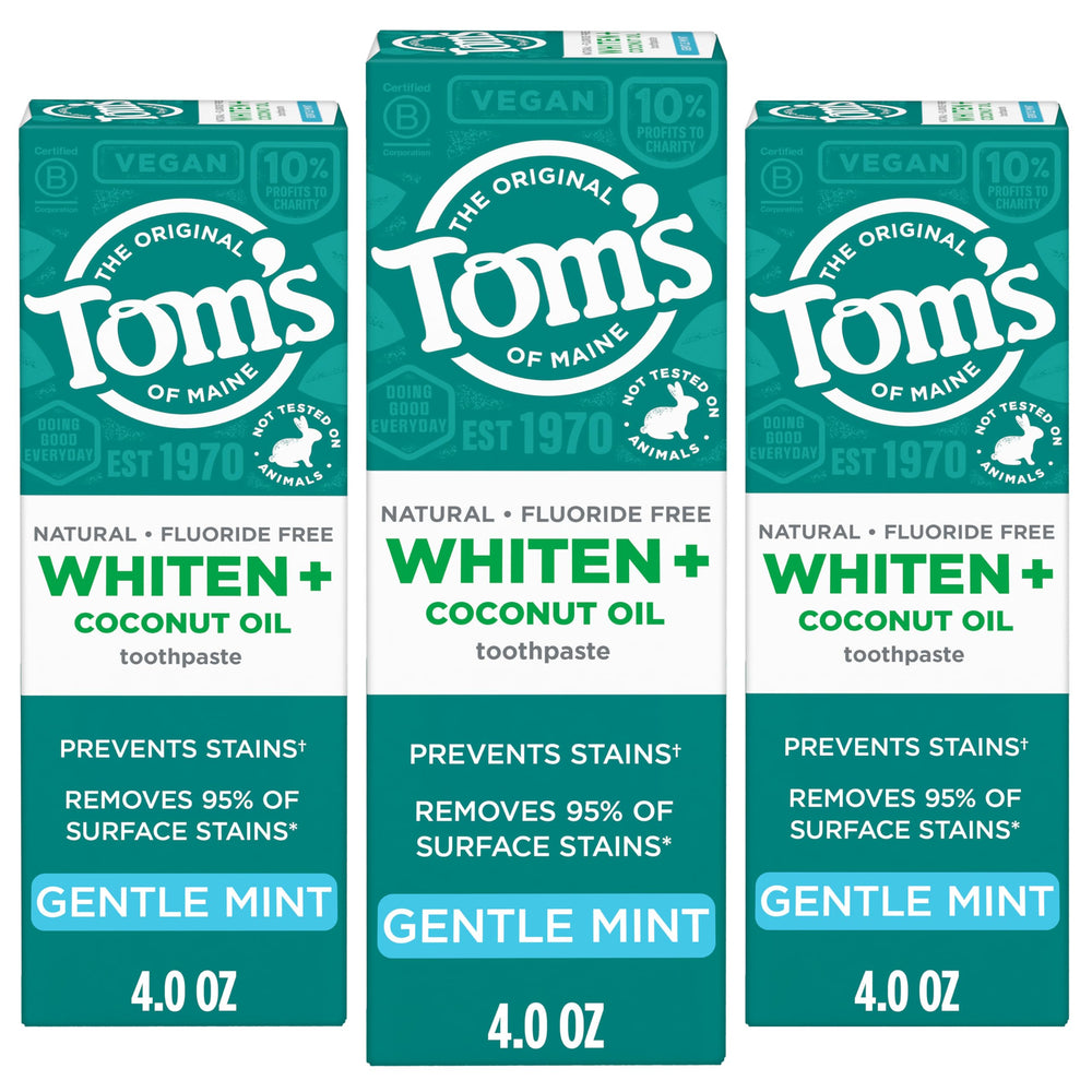 Tom’s of Maine Whiten Plus Coconut Oil toothpaste pack-3 tubes highlighting enamel-safe whitening