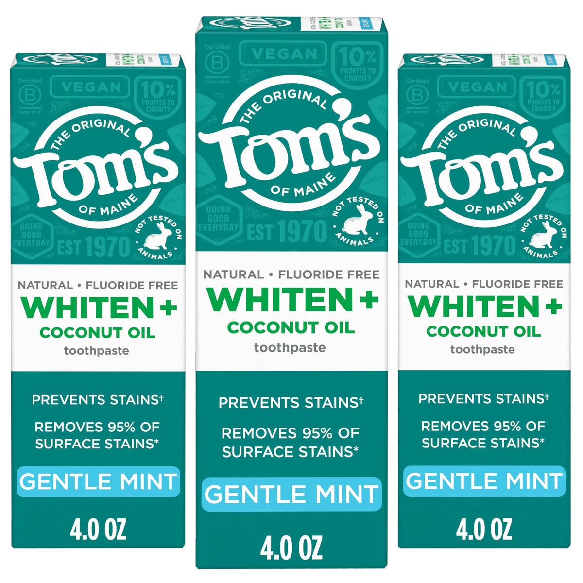 Tom’s of Maine Whiten Plus Coconut Oil toothpaste pack-3 tubes highlighting enamel-safe whitening