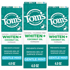 Tom’s of Maine Whiten Plus Coconut Oil toothpaste pack-3 tubes highlighting enamel-safe whitening