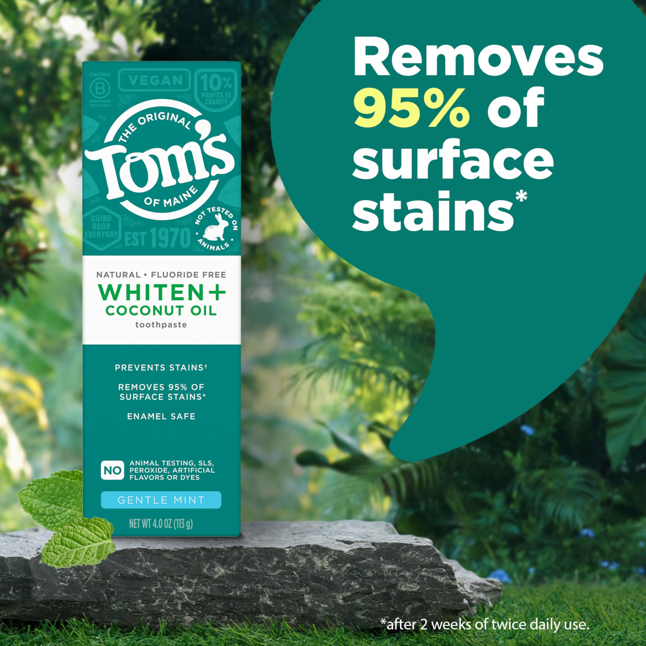 Tom's of Maine packaging label highlighting enamel-safe formula