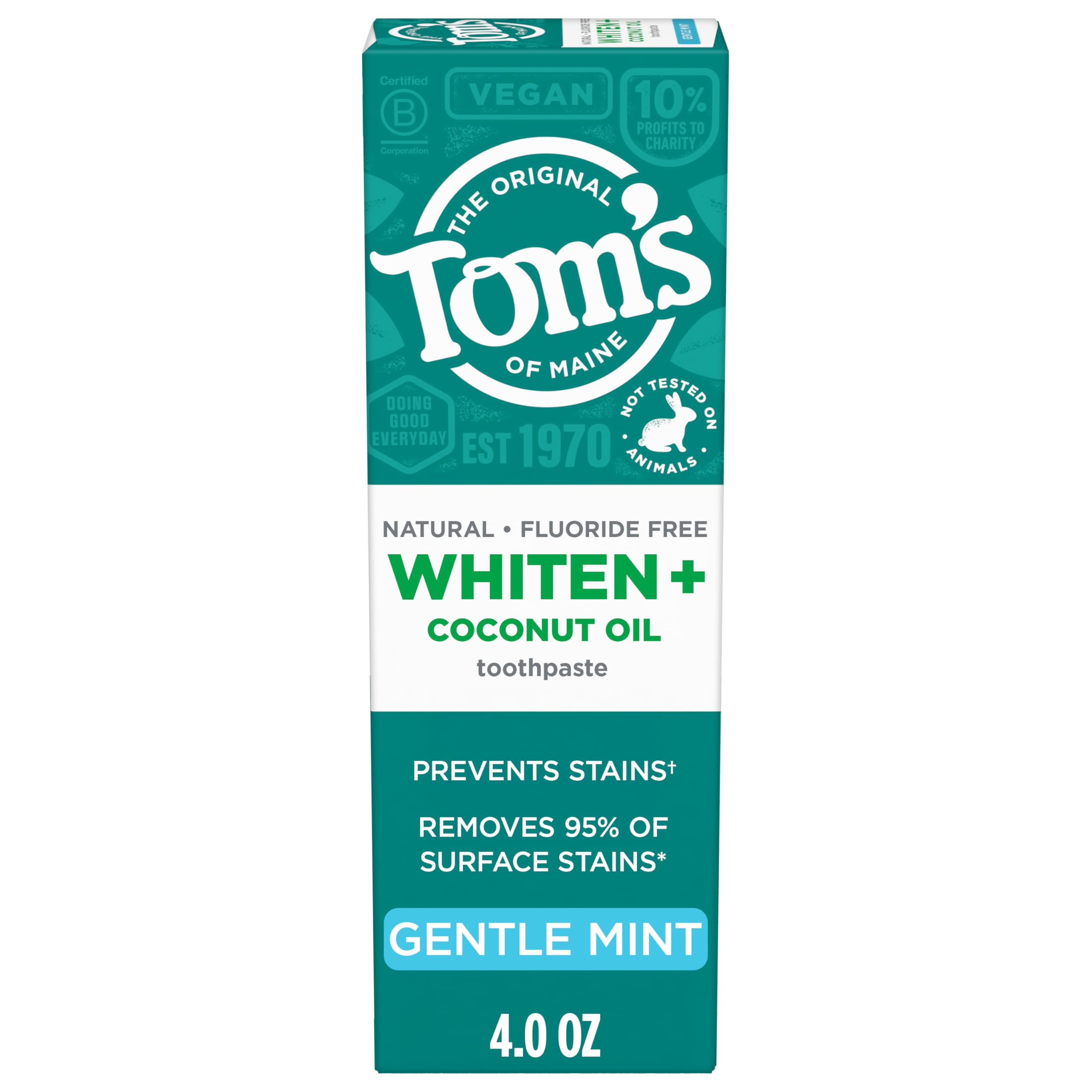 Tom's of Maine Whiten Plus toothpaste tube front for fluoride-free whitening