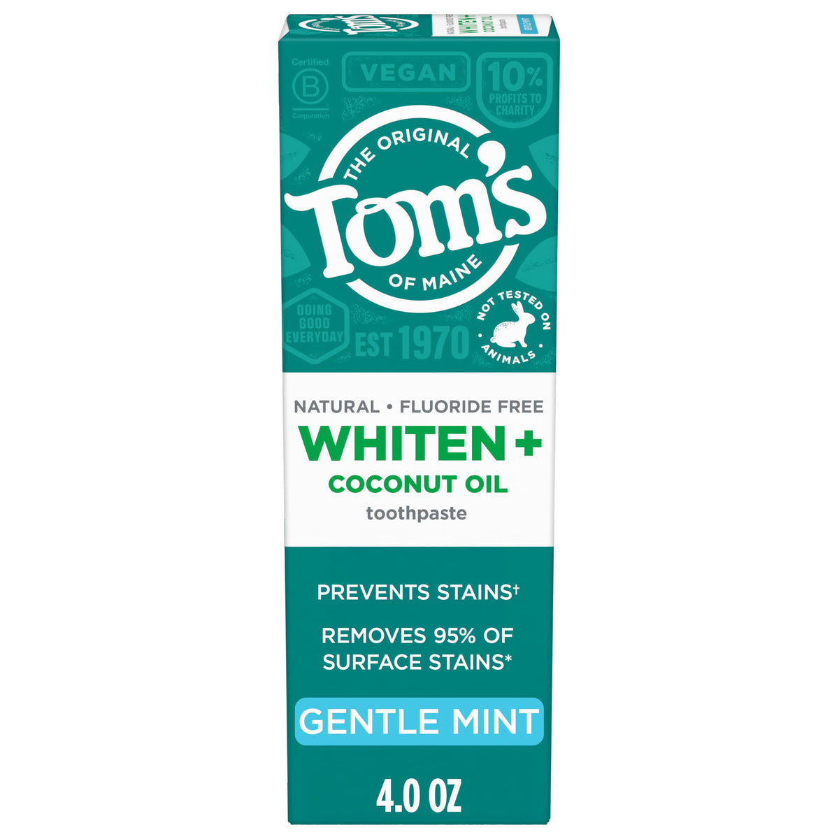 Tom's of Maine Whiten Plus toothpaste tube front for fluoride-free whitening