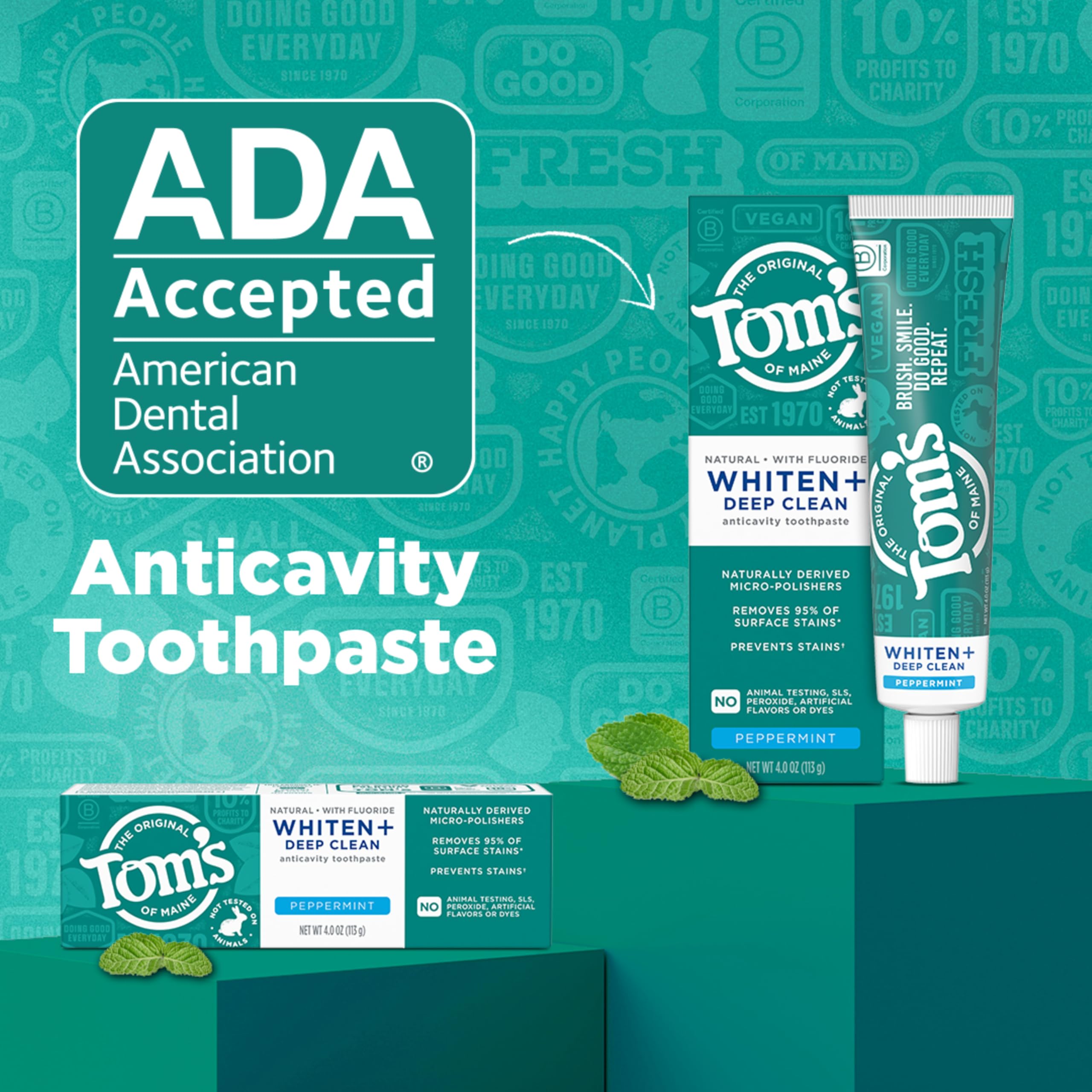 Tom's of Maine Whiten Plus Deep Clean toothpaste being dispensed onto brush.