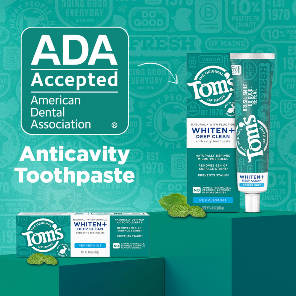 Tom's of Maine Whiten Plus Deep Clean toothpaste being dispensed onto brush.