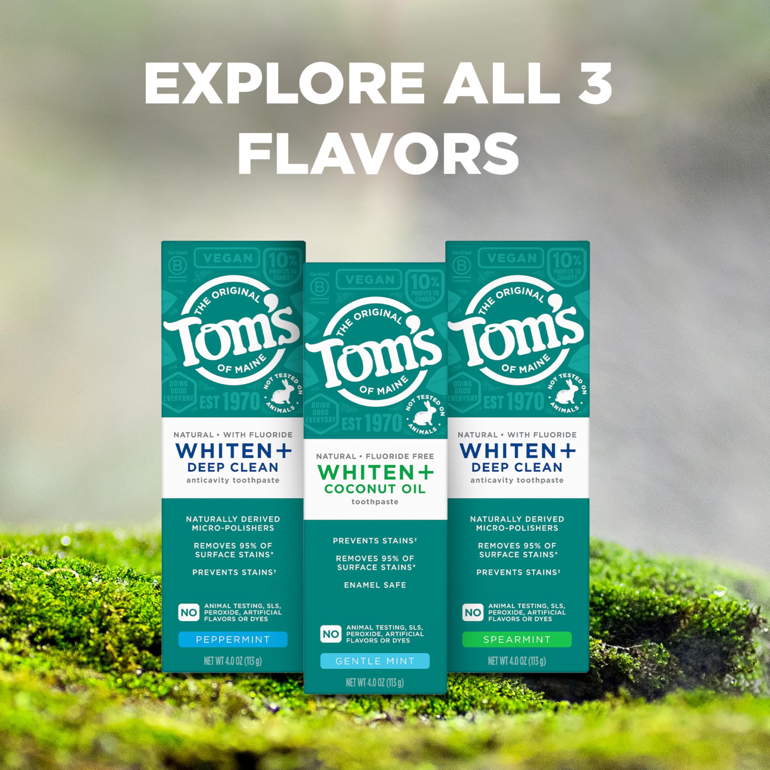 Tom's of Maine Whiten Plus Deep Clean label shows peroxide-free formula.