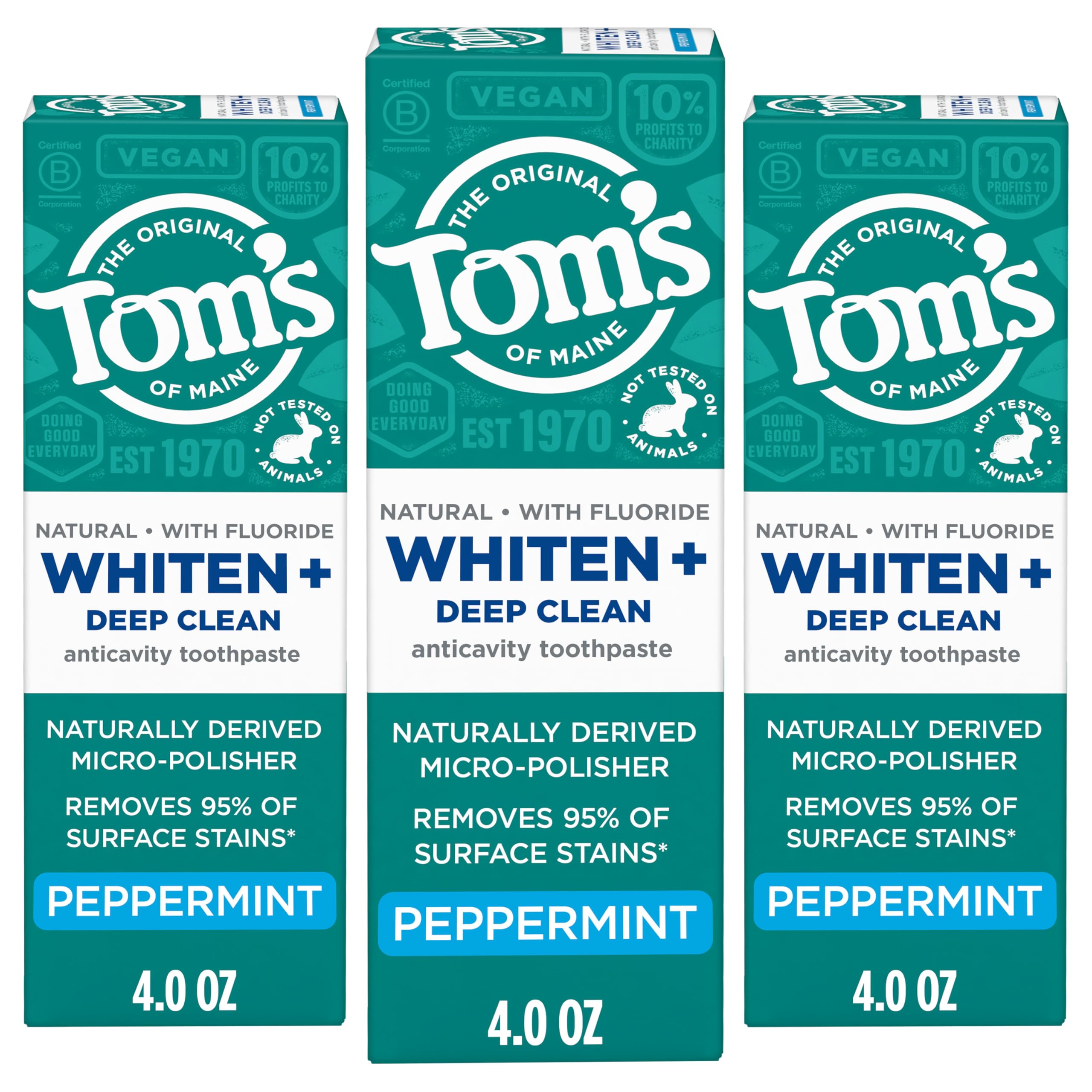 Tom's of Maine Whiten Plus Deep Clean packaging front shows three-tube whitening set.