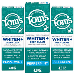 Tom's of Maine Whiten Plus Deep Clean packaging front shows three-tube whitening set.
