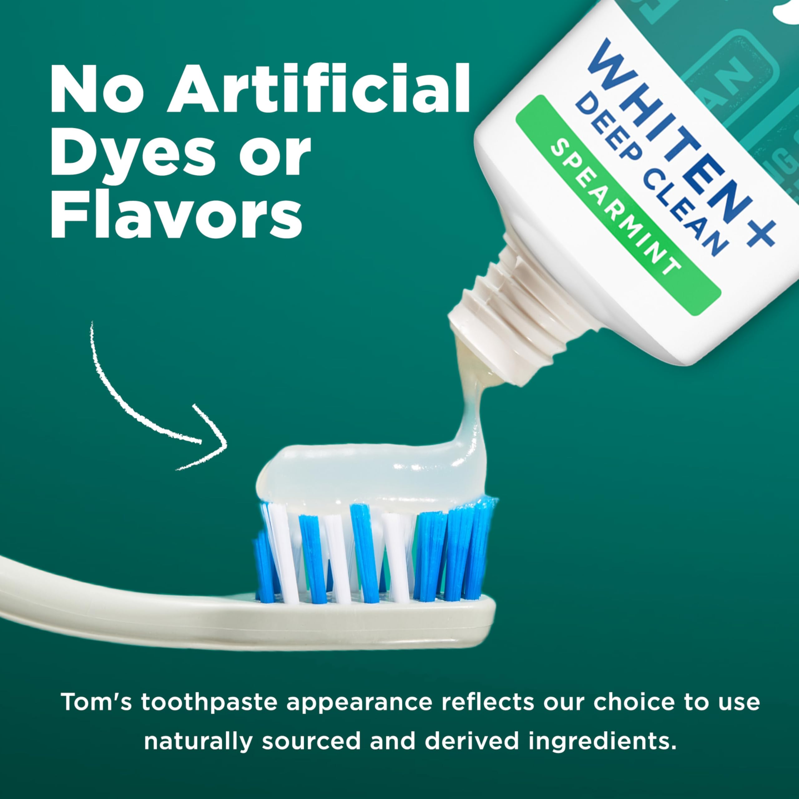 Tom's of Maine toothpaste tube angled to highlight spearmint flavor and whitening action.