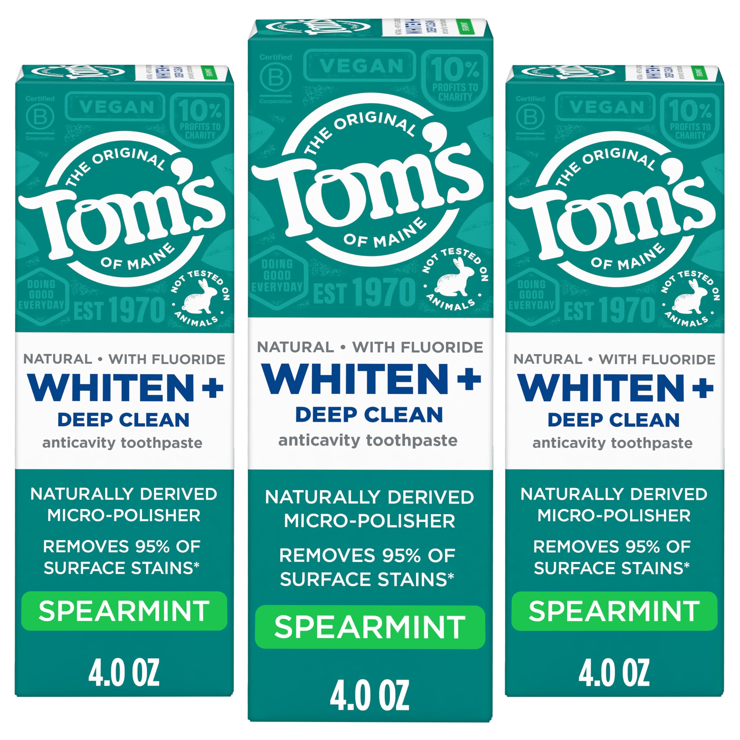 Tom's of Maine Whiten Plus Deep Clean toothpaste tube front with spearmint freshness.