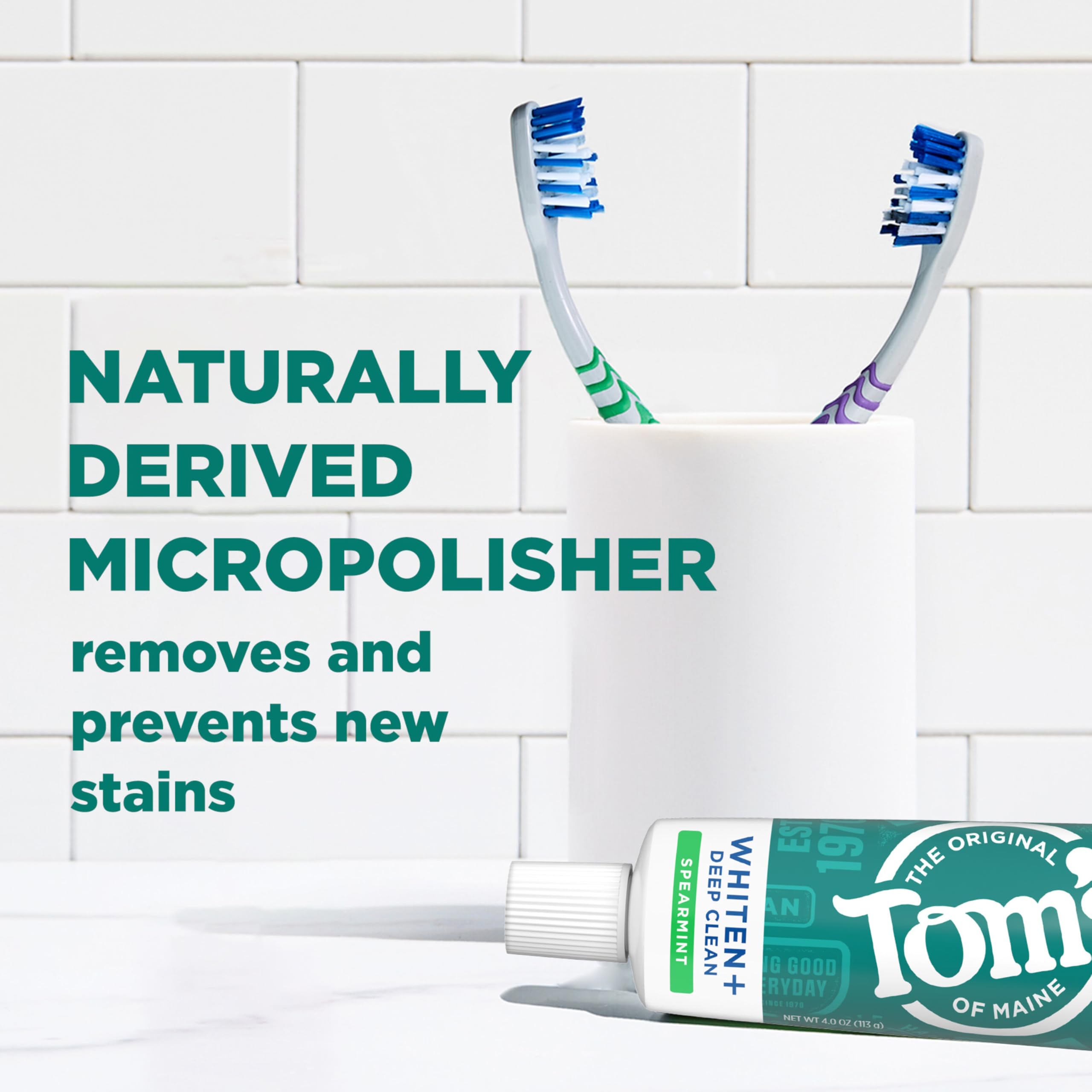 Tom's of Maine logo on tube emphasizes cruelty-free and natural ingredients.