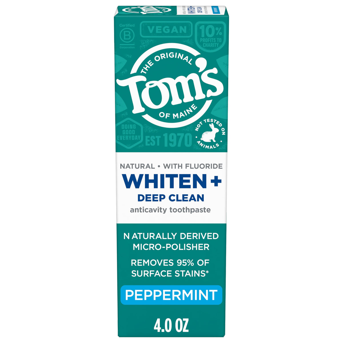 Tom's of Maine Whiten Plus Deep Clean toothpaste tube front, enamel-safe whitening.