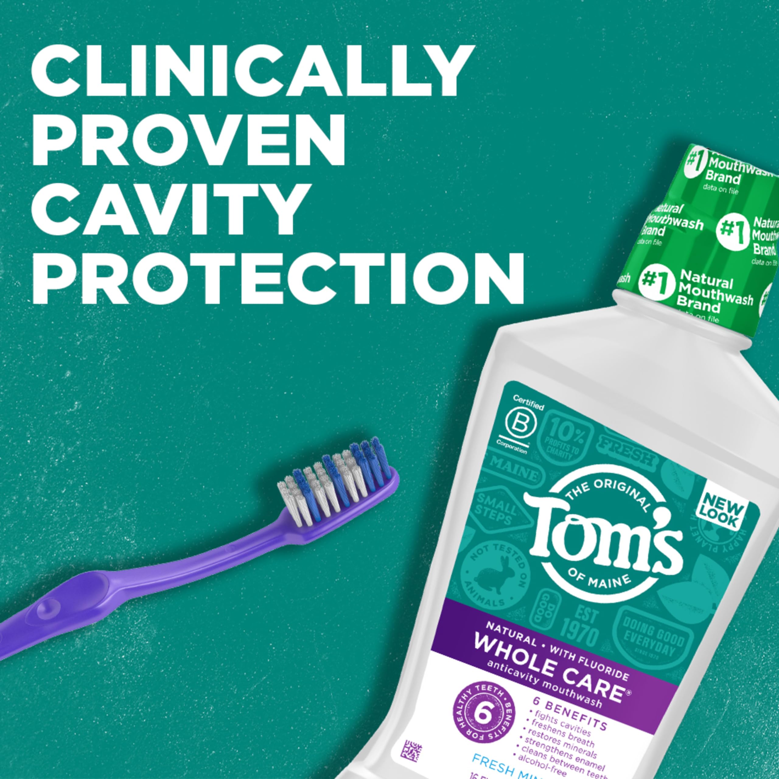 Tom's of Maine Whole Care mouthwash highlighting breath freshness and cavity protection