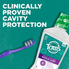 Tom's of Maine Whole Care mouthwash highlighting breath freshness and cavity protection