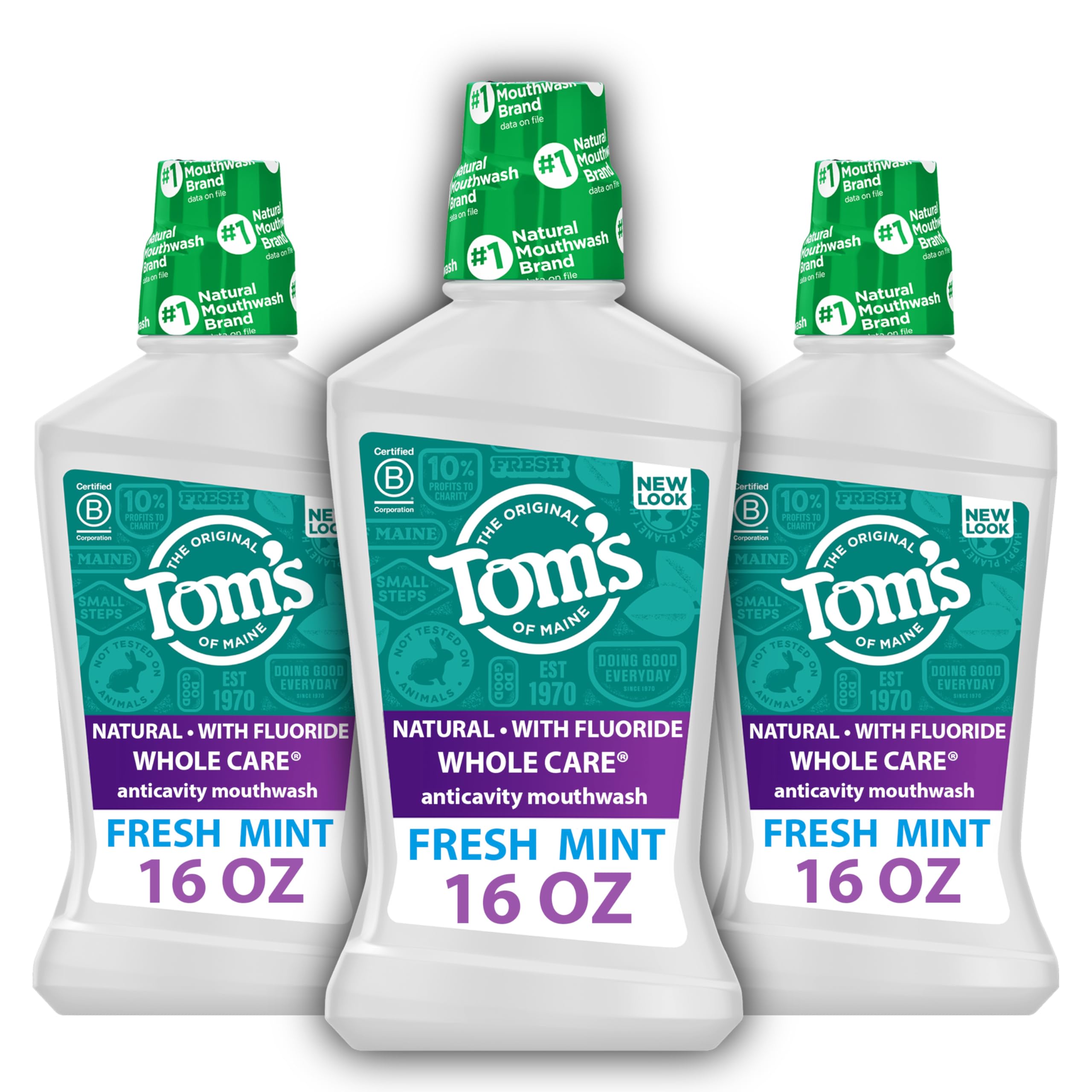 Tom's of Maine Whole Care Fresh Mint mouthwash bottle for lasting breath freshness