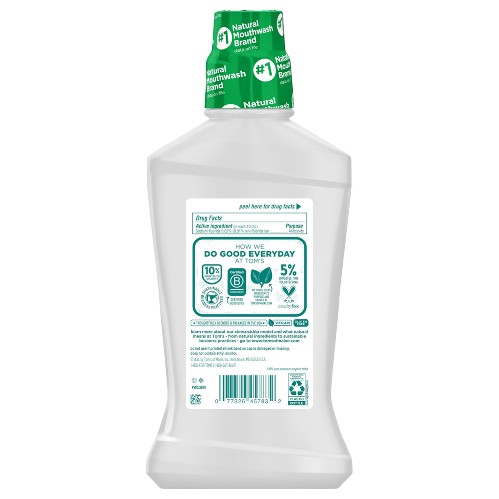Tom's of Maine Whole Care mouthwash emphasizes enamel strengthening benefits